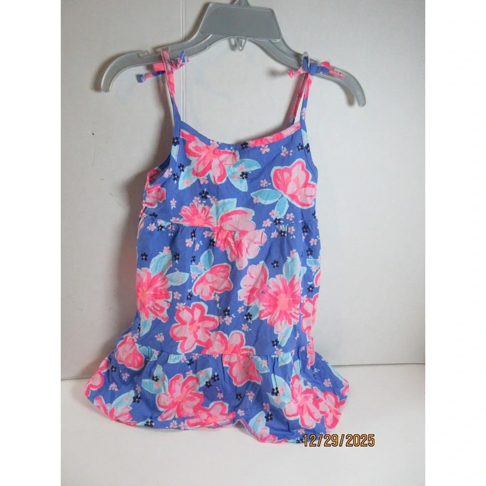 OshKosh B'gosh Girls Blue Floral Print Tank Dress Size 6 Adjustable Tie Straps